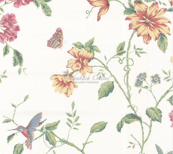 English Florals Landhaus Leimdruck Tapeten Blumen Kolibri Schmetterling