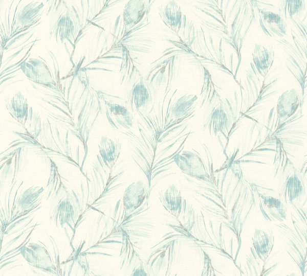 Tapete Exotic Life mit Palmenblättern creme blau metallic