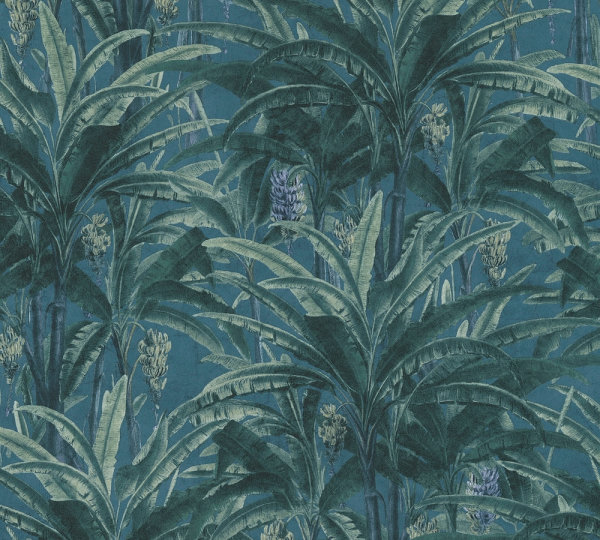 Vliestapete Greenery Dschungel Palmenblättern grün blau