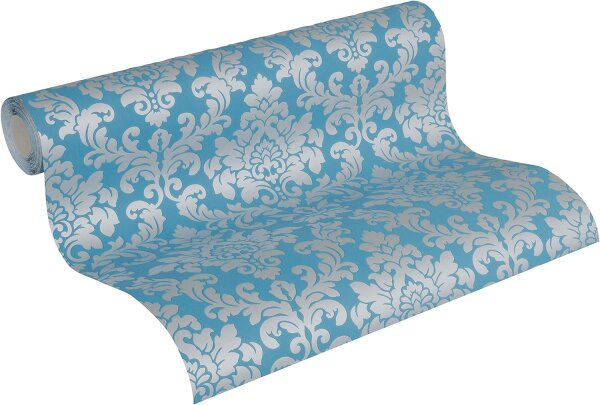 Vliestapete Barocktapete Ornament Damast blau silber