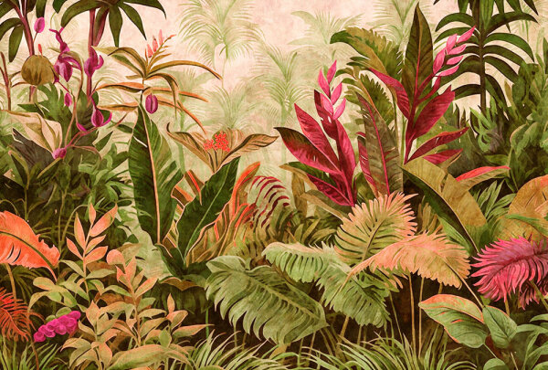 Fototapete Walls by Patel 4 m x 2,7 m Dschungel Grün Pink Beige Raum 1