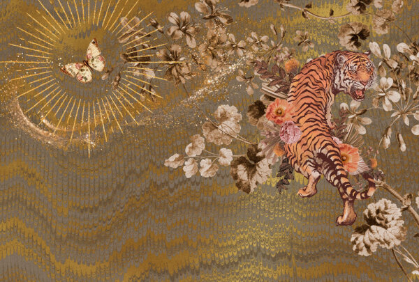 Fototapete Walls by Patel 4 m x 2,7 m Tiger Gold Grau  Raum 1