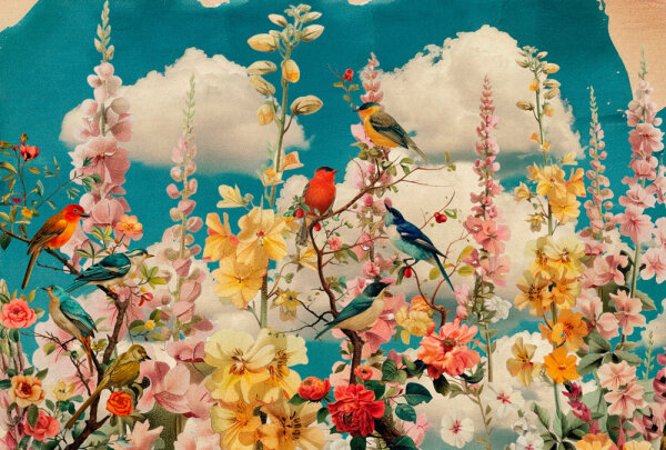 Fototapete Walls by Patel 4 m x 2,7 m Blumen Türkis Gelb Rosa Raum 1