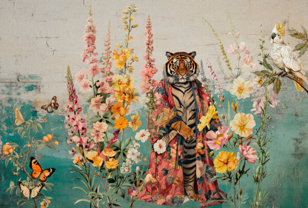 Fototapete Walls by Patel 4 m x 2,7 m Tiger Türkis Gelb Rosa Raum 1