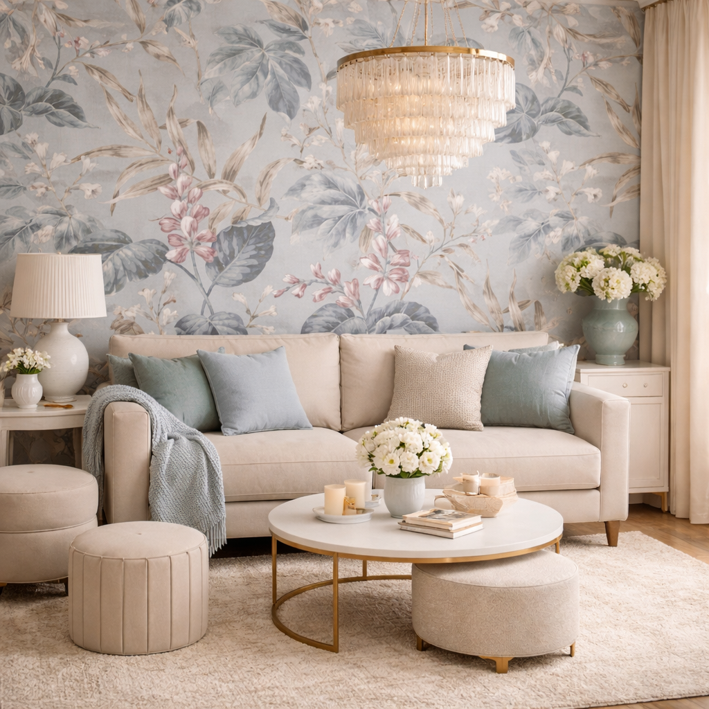 Botanische Wohnzimmer Tapete mit Naturmotiv – Trend 2026