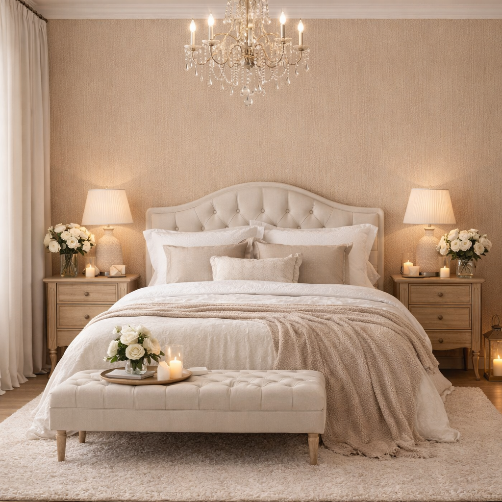 Strukturierte Schlafzimmer Tapete mit textiler Optik – Trend 2026