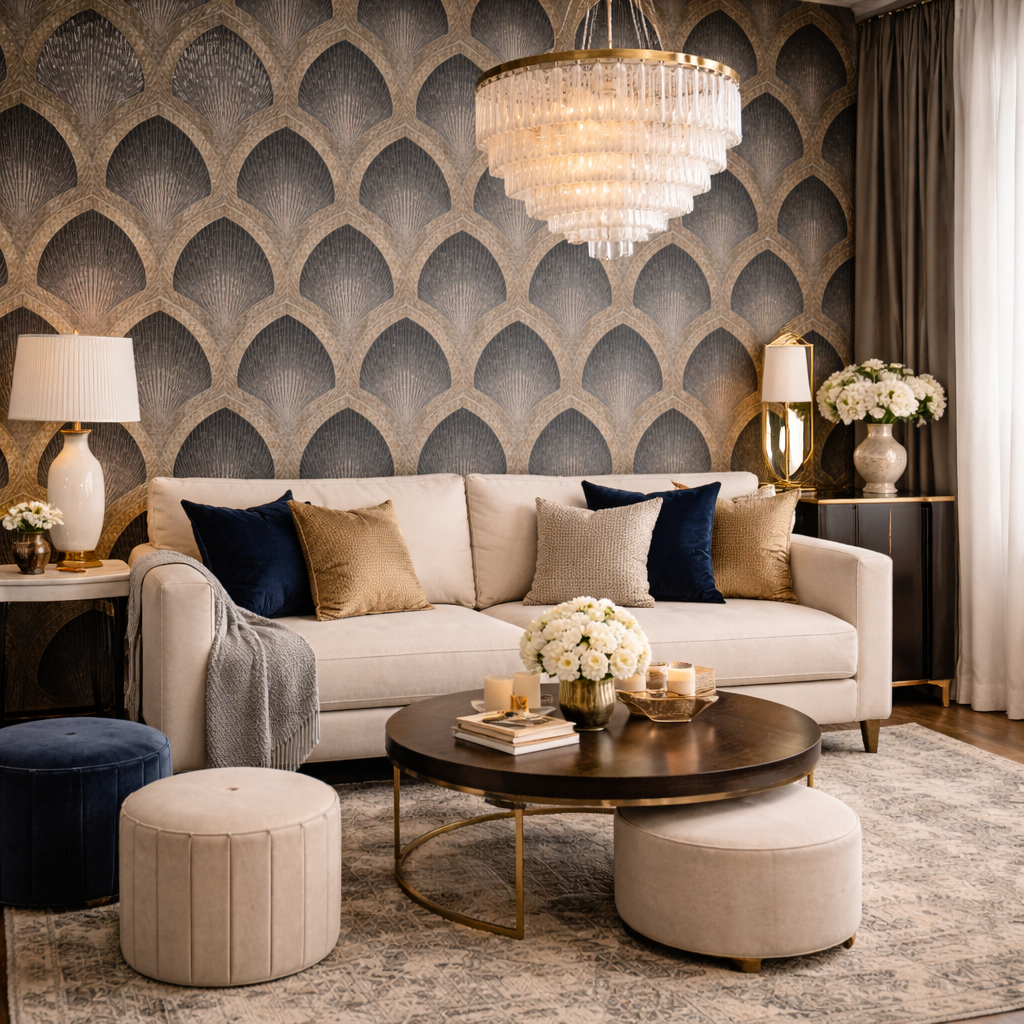 Geometrische Tapete im modernen Wohnzimmer