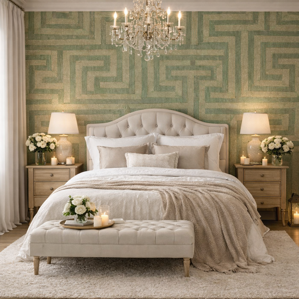 Geometrische Schlafzimmer Tapete mit ruhigem Muster – Trend 2026
