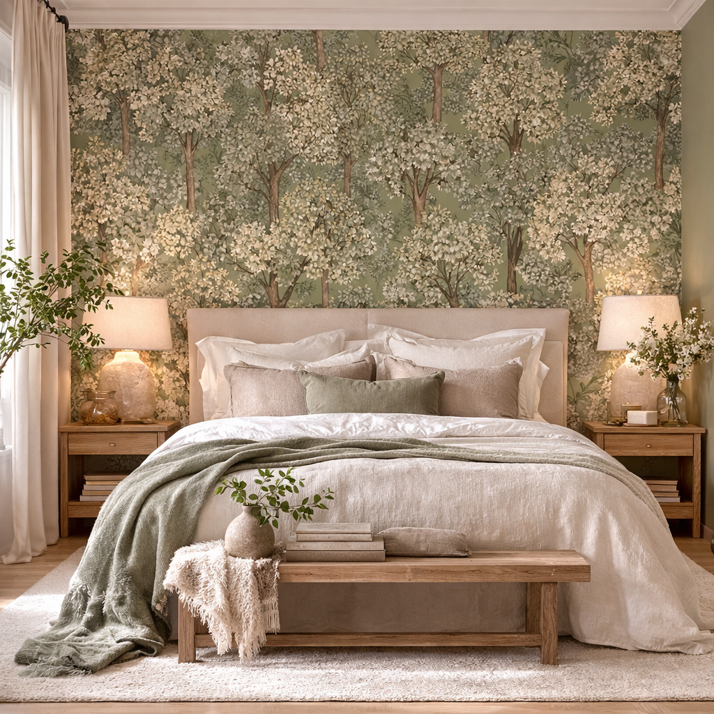 Florale Schlafzimmer Tapete mit botanischem Muster – Trend 2026